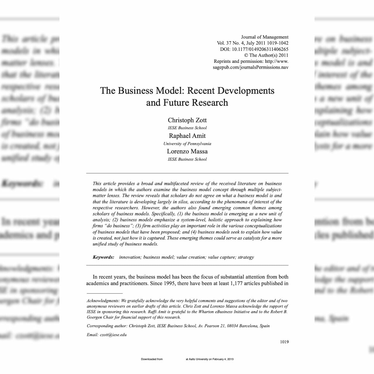 The Business Model: Recent Developments and Future Research（2011）